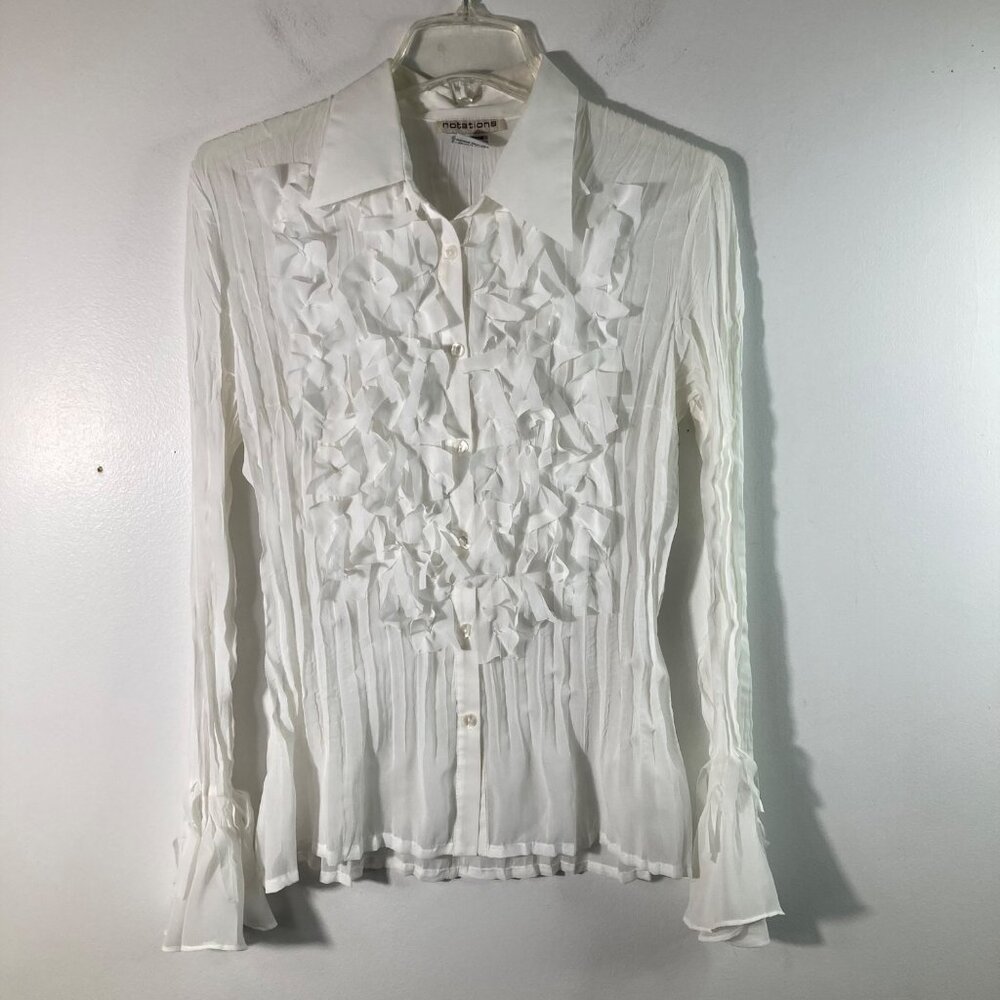 Womens Vintage Notations Crinkle Bow Bead Button Shirt‎ Bell Sleeve M White